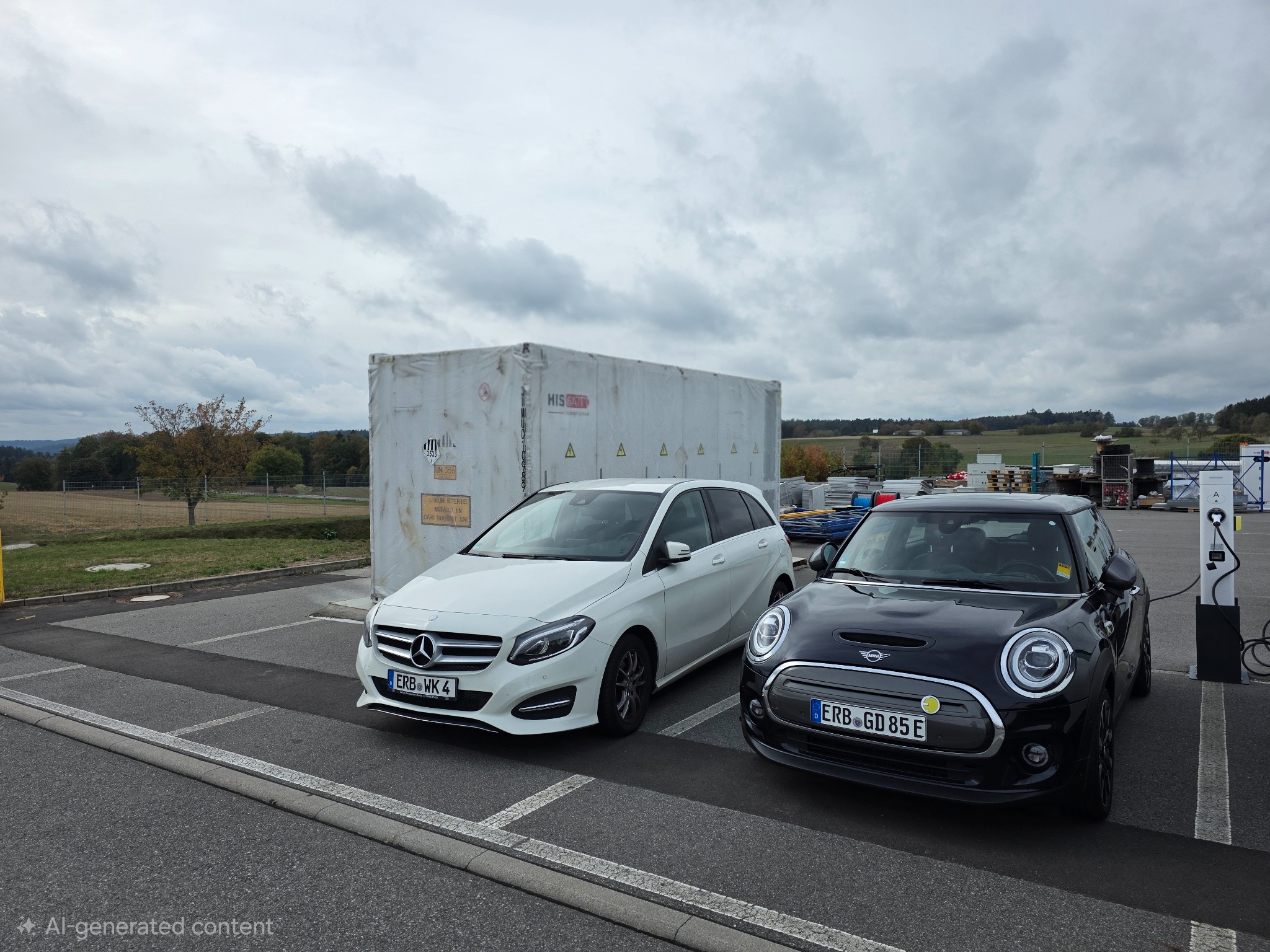 HISbatt Batteriecontainer an einem Standort mit Fahrzeugen und EVtap Ladeinfrastruktur