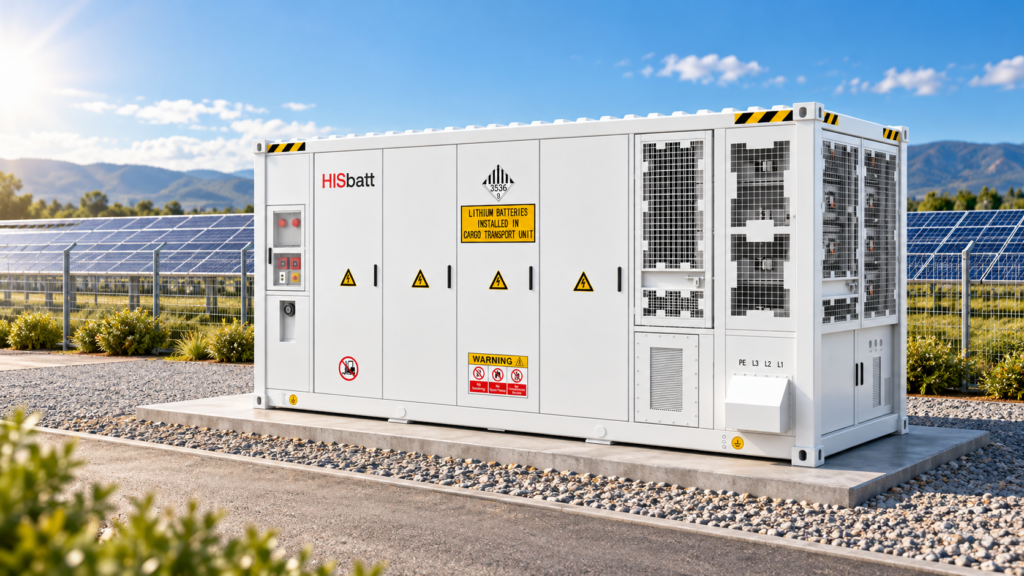 Illustration of a HISbatt PowerPack 800V battery storage container beside a solar farm