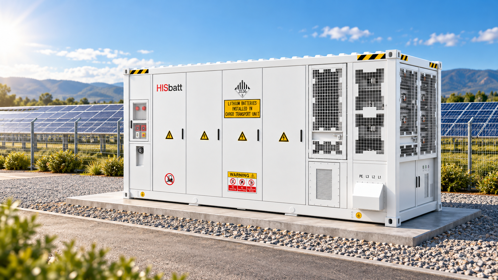 Produktillustration eines HISbatt PowerPack 800V Batteriecontainers an einem Solarpark