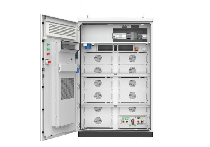 Open-cabinet view showing the battery modules and control equipment.